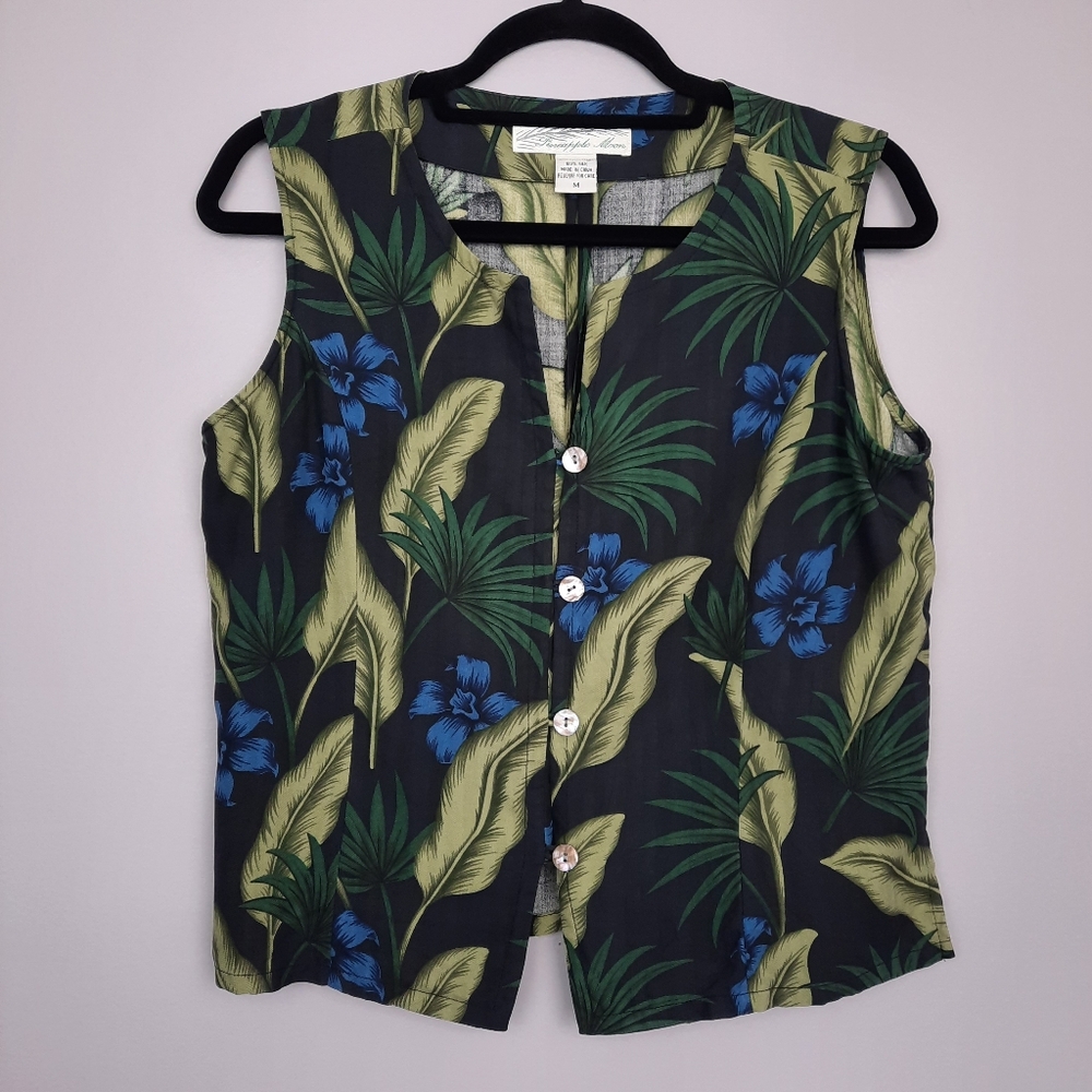 Vintage Pineapple Moon 100% Silk Tropical Print Vest size Medium